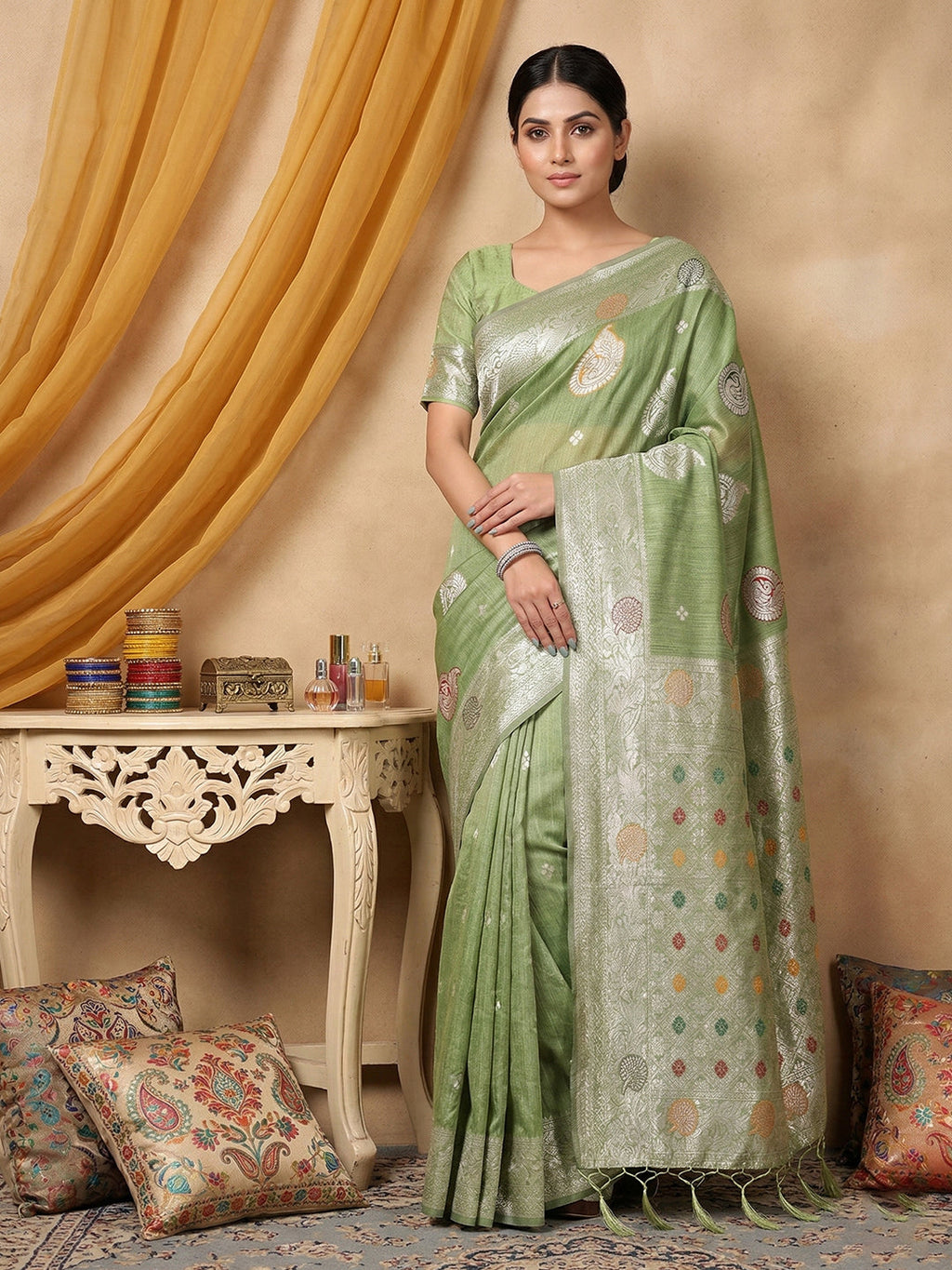 Anaita Green Linen Woven Work Saree With Blouse - Distacart