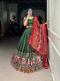 Lorenvalley Dola Silk Green Patola Print With Gamthi Work Lace Border Lehenga Choli with Dupatta
