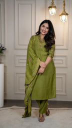 Lorenvalley Fashion Green Roman Silk Embroidery Sequence Work Kurta Pant with Dupatta - Distacart