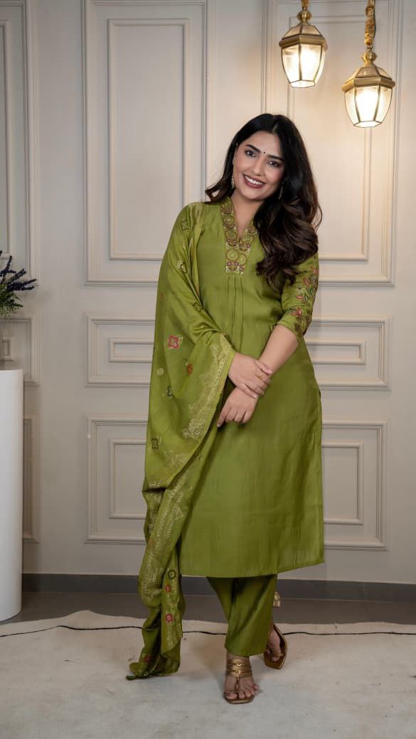 Lorenvalley Fashion Green Roman Silk Embroidery Sequence Work Kurta Pant with Dupatta - Distacart