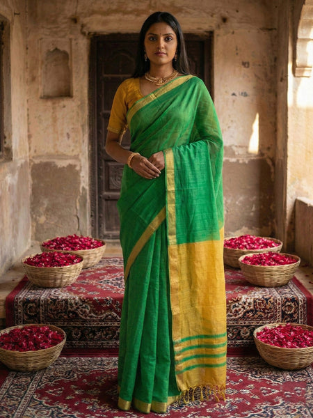 Anaita Green Cotton Printed Saree With Blouse