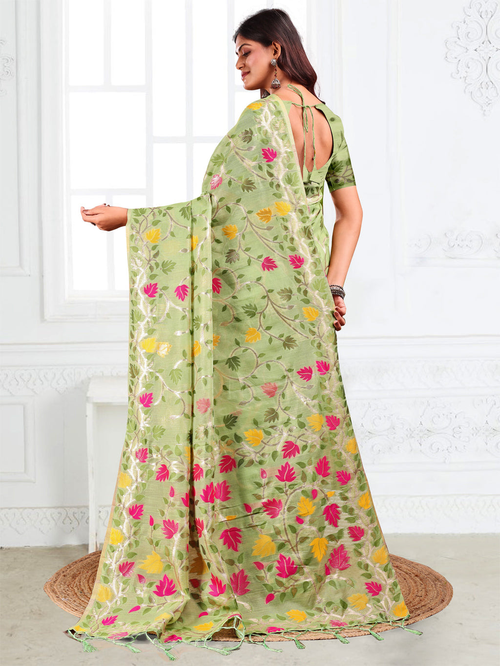 Anaita Green Linen Printed Saree With Blouse - Distacart