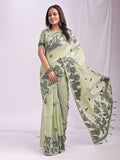 Anaita Green Linen Printed Saree With Blouse - Distacart