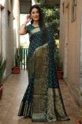 Lorenvalley Premium Pure Handmade Bandhej Kanjivaram silk saree with Zari Weaving Rich Pallu saree - Green