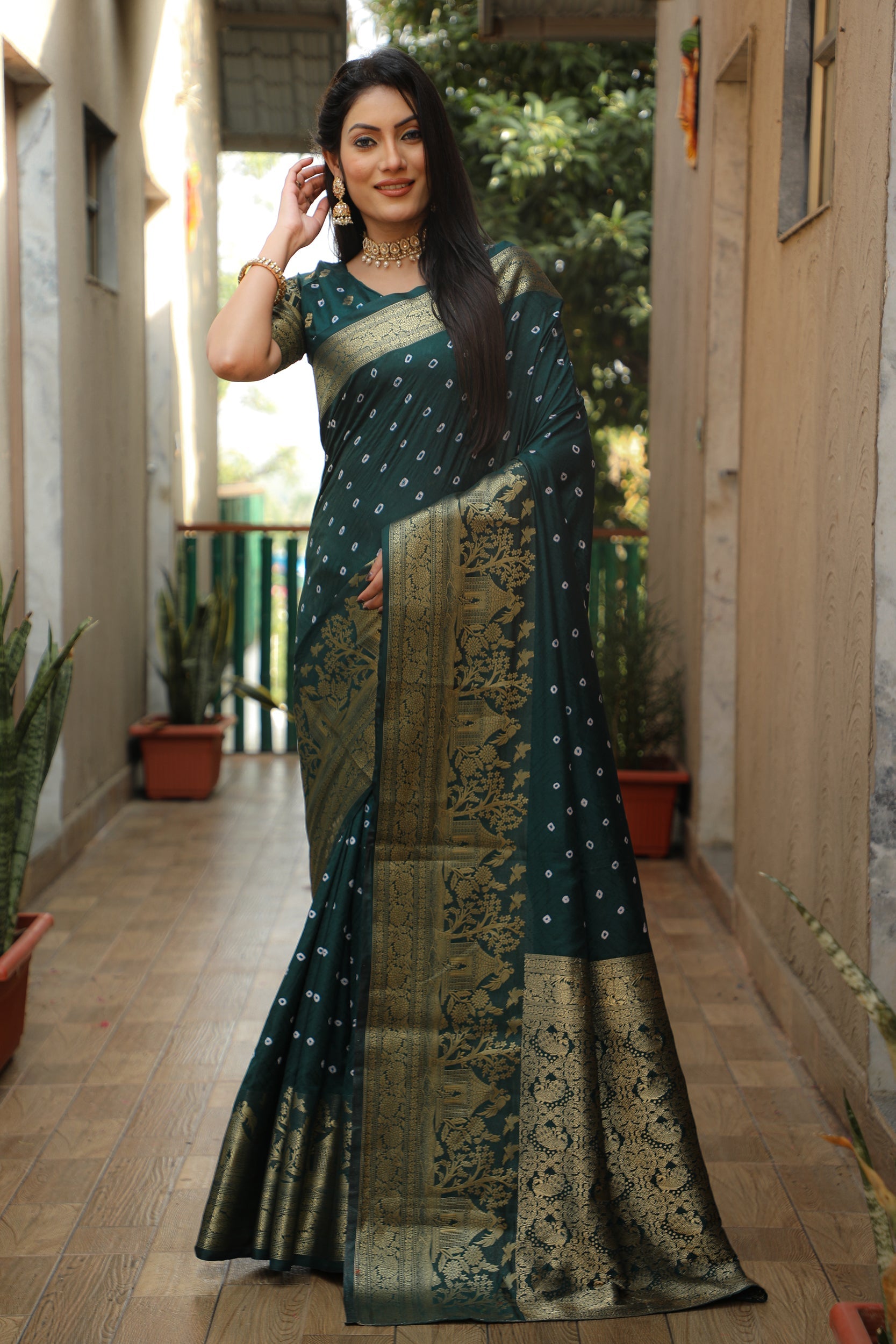 Lorenvalley Premium Pure Handmade Bandhej Kanjivaram silk saree with Zari Weaving Rich Pallu saree - Green
