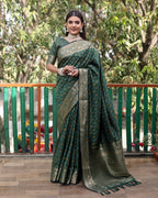 Lorenvalley Premium Bandhej Patola Silk Sarees with kanchi Borders and Contrast Zari Weaving borders Saree - Green