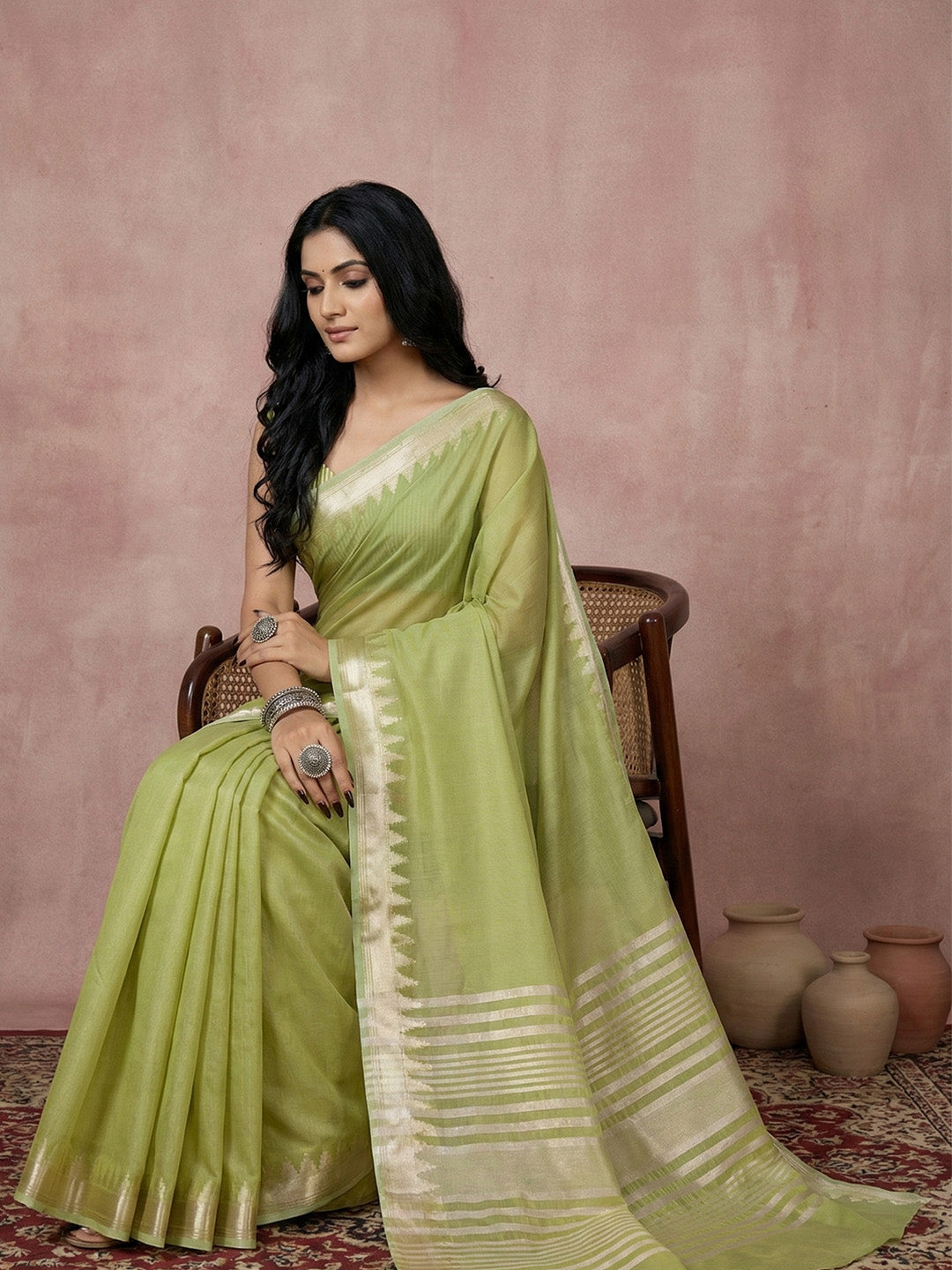 Anaita Green Cotton Saree With Blouse - Distacart