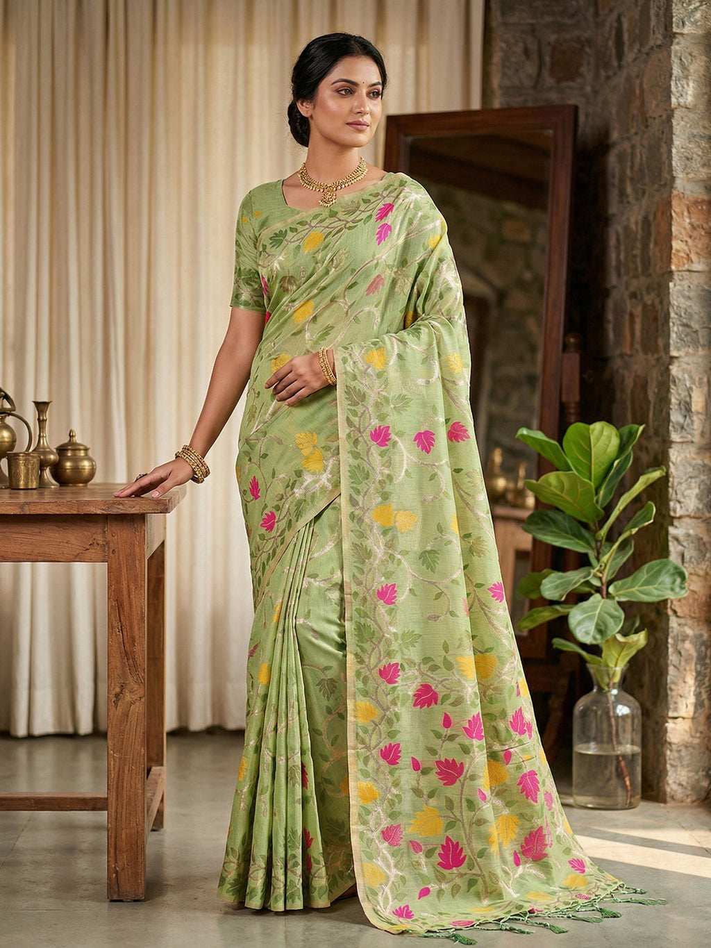 Anaita Green Linen Woven Work Saree With Blouse - Distacart