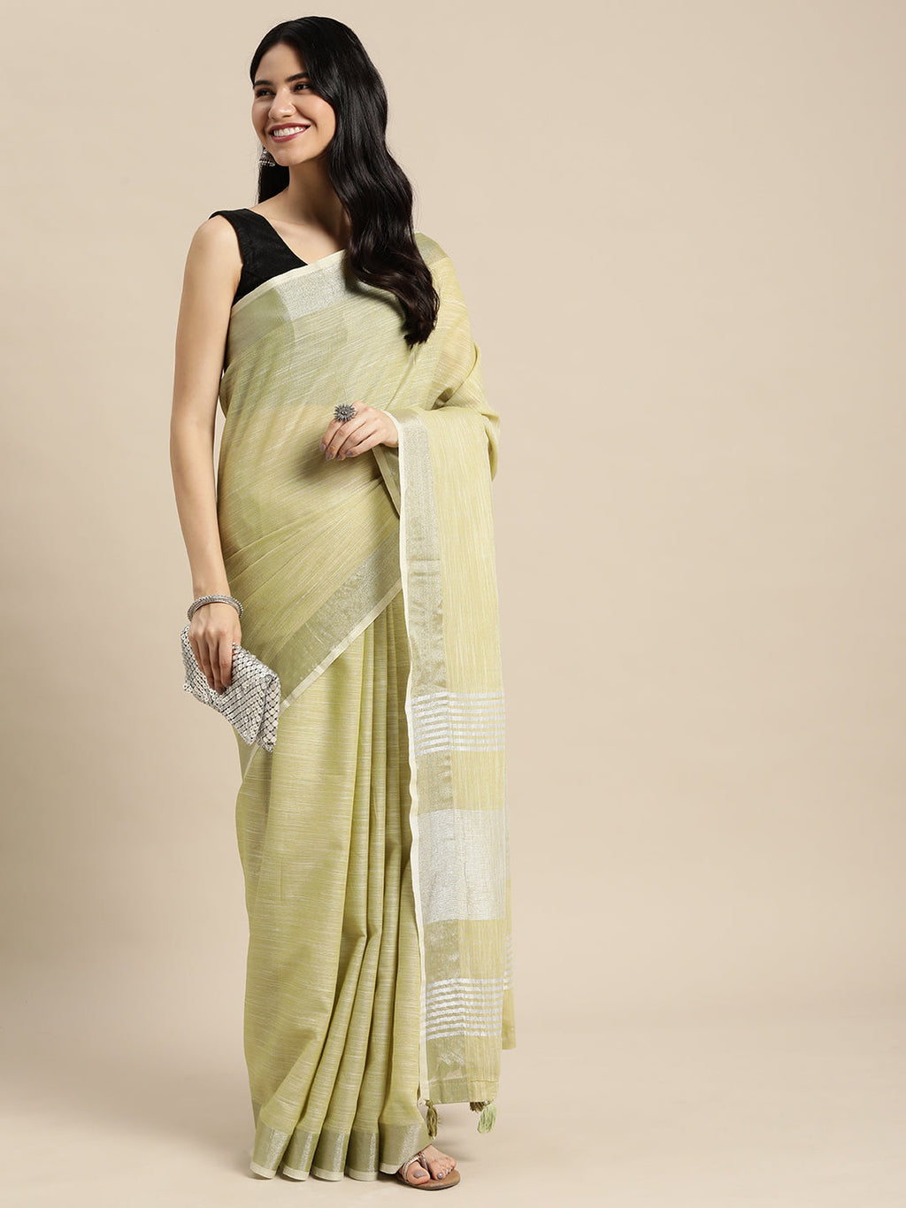 Anaita Green Linen Saree With Blouse - Distacart