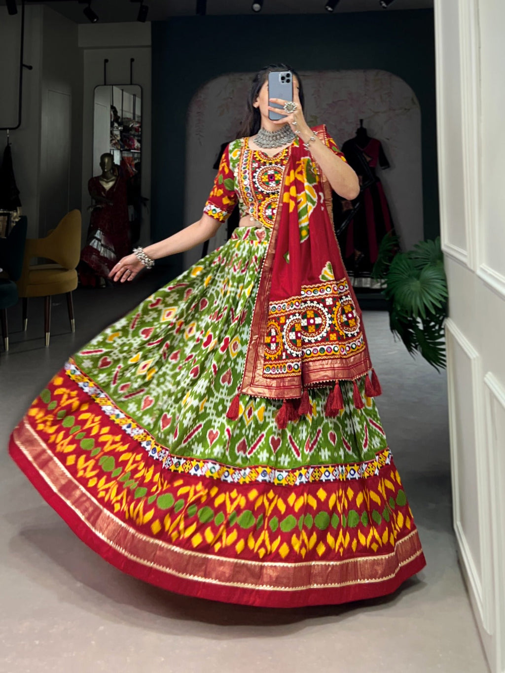 Lorenvalley Green Tussar Silk Patola Print With Foil Work And Original Mirror Gamthi Lace Lehenga Choli with Dupatta