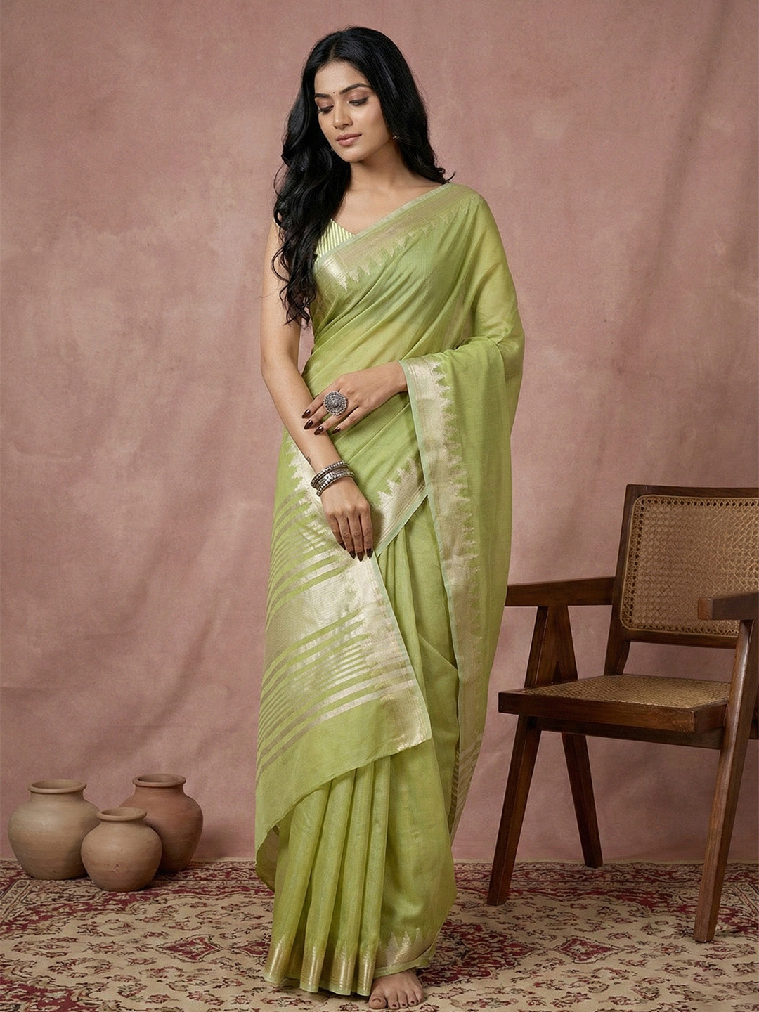 Anaita Green Cotton Saree With Blouse - Distacart