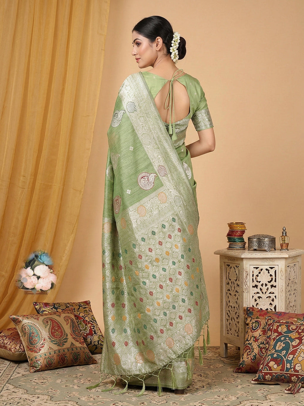 Anaita Green Linen Woven Work Saree With Blouse - Distacart