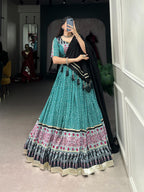 Lorenvalley Green Rayon with Bandhej And Ajarakh Print With Embossed Design Gota Lace Touch up Lehenga Choli