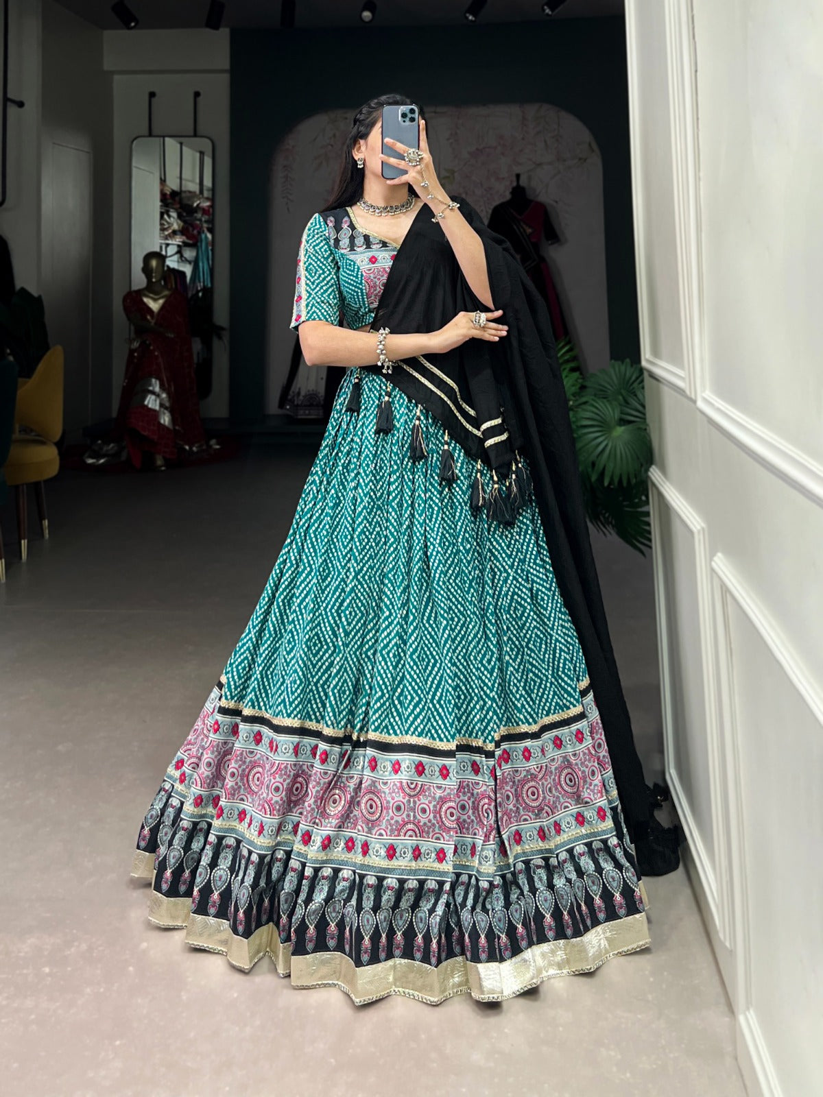 Lorenvalley Green Rayon with Bandhej And Ajarakh Print With Embossed Design Gota Lace Touch up Lehenga Choli
