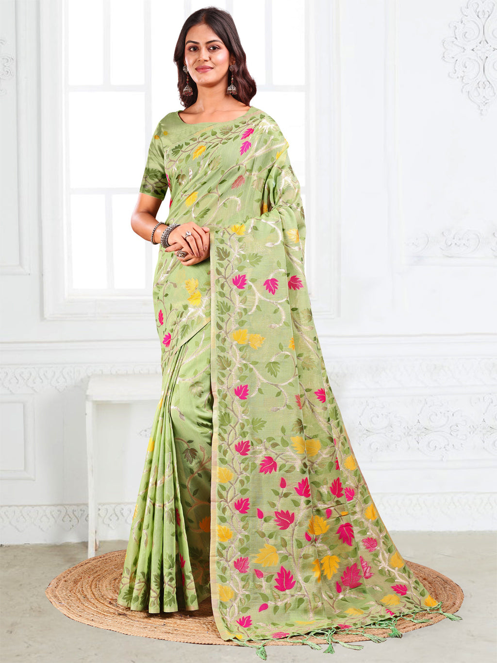 Anaita Green Linen Printed Saree With Blouse - Distacart
