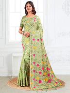 Anaita Green Linen Printed Saree With Blouse - Distacart