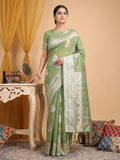 Anaita Green Linen Woven Work Saree With Blouse - Distacart