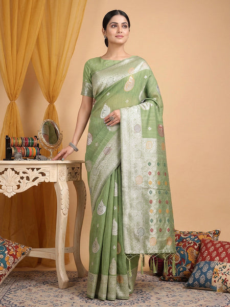 Anaita Green Linen Woven Work Saree With Blouse