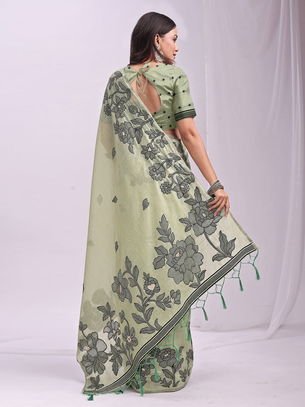 Anaita Green Linen Printed Saree With Blouse - Distacart