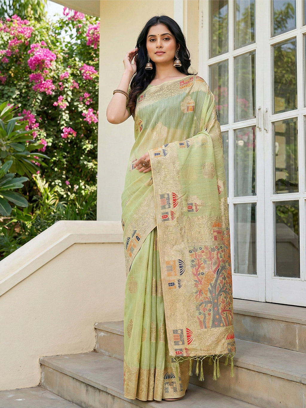 Anaita Green Linen Woven Work Saree With Blouse - Distacart