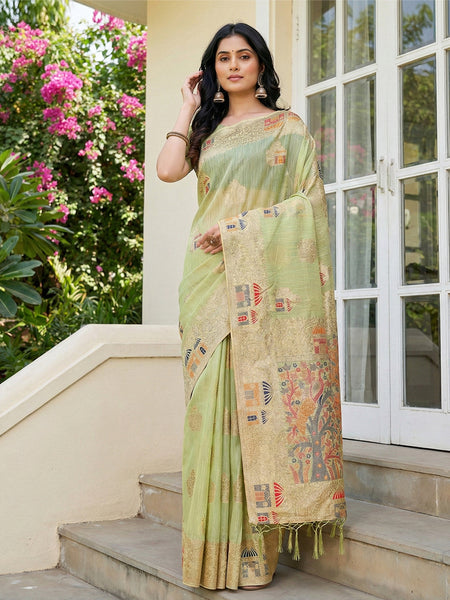 Anaita Green Linen Woven Work Saree With Blouse