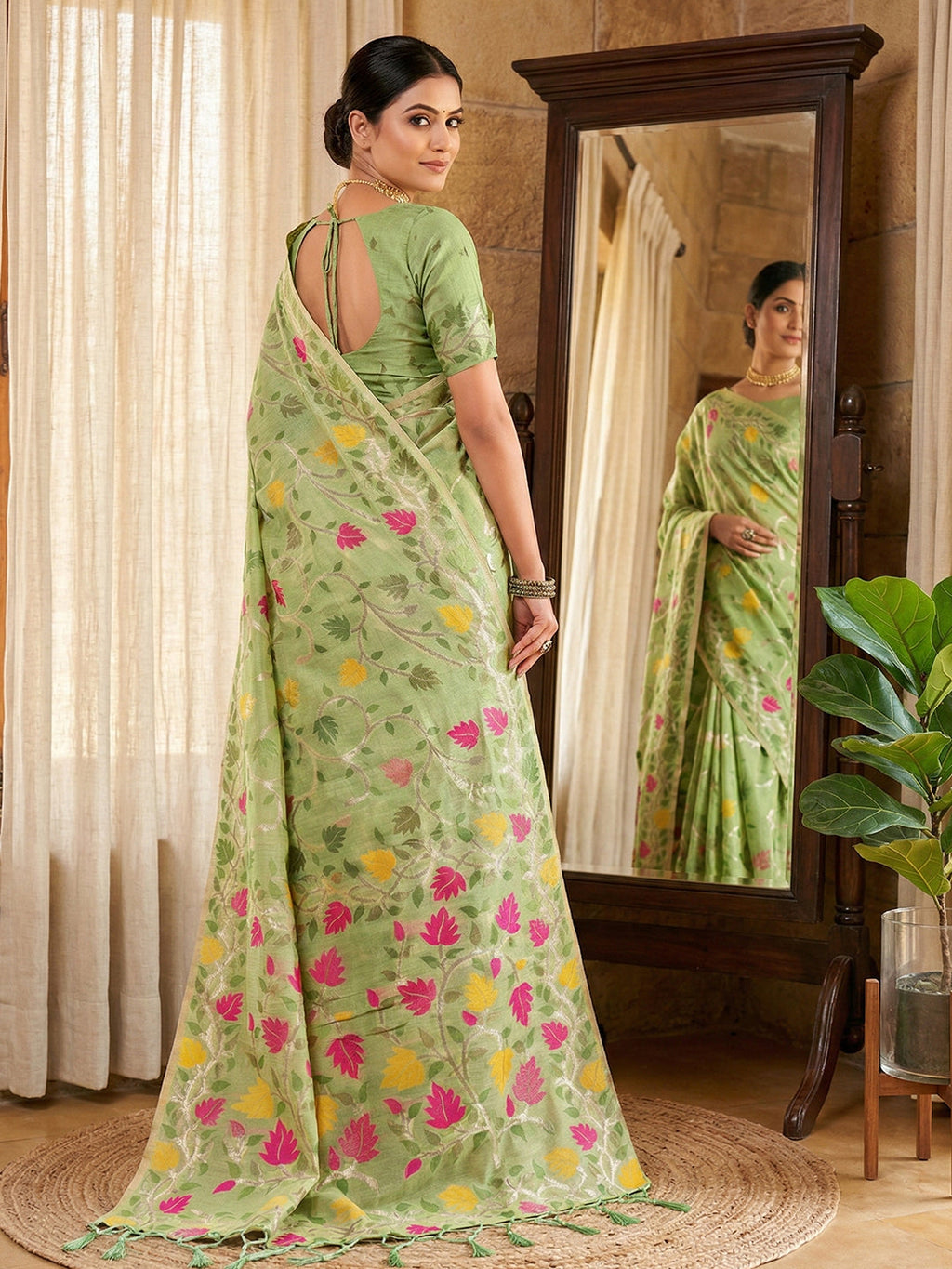 Anaita Green Linen Woven Work Saree With Blouse - Distacart