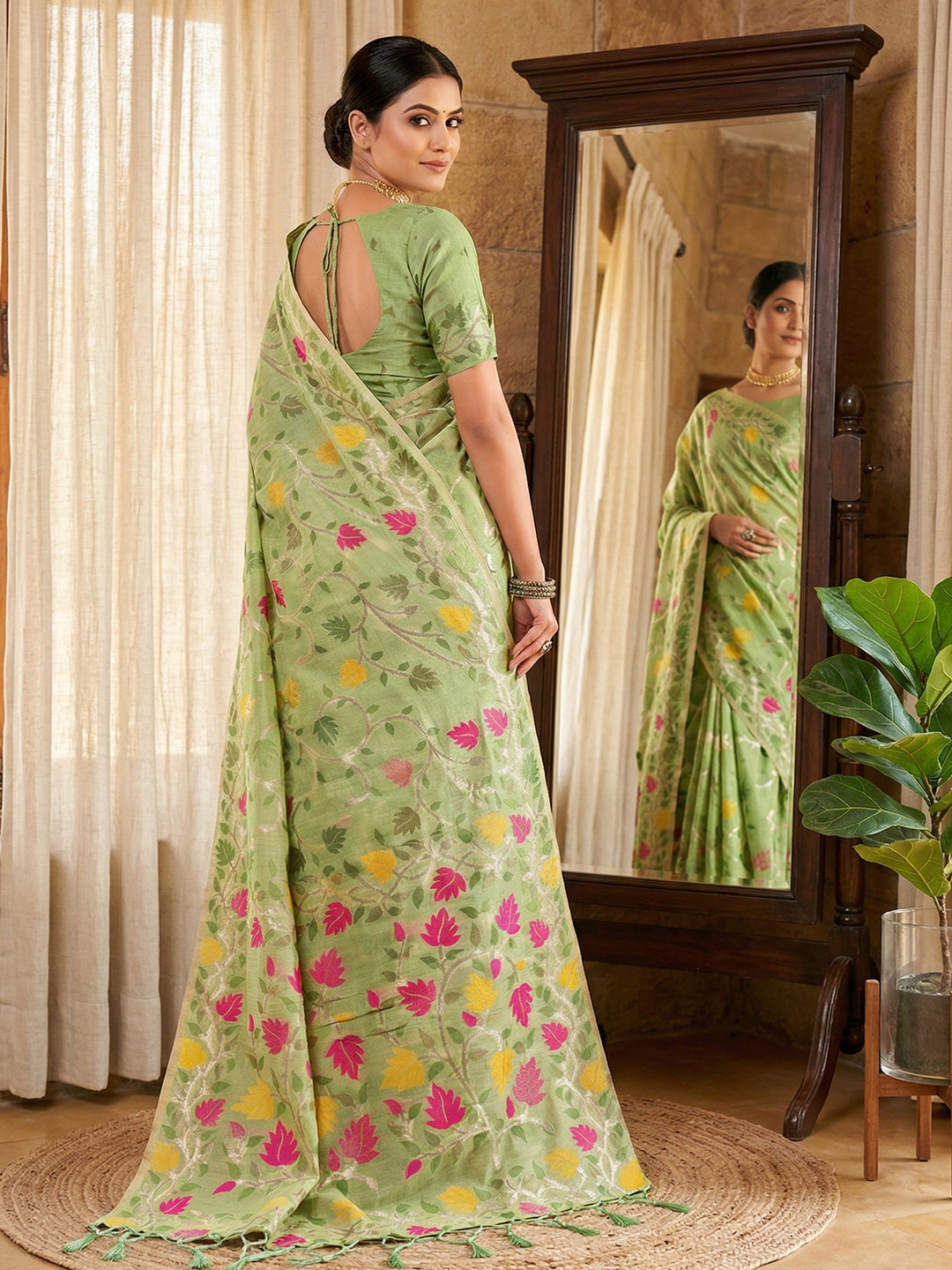Anaita Green Linen Woven Work Saree With Blouse - Distacart