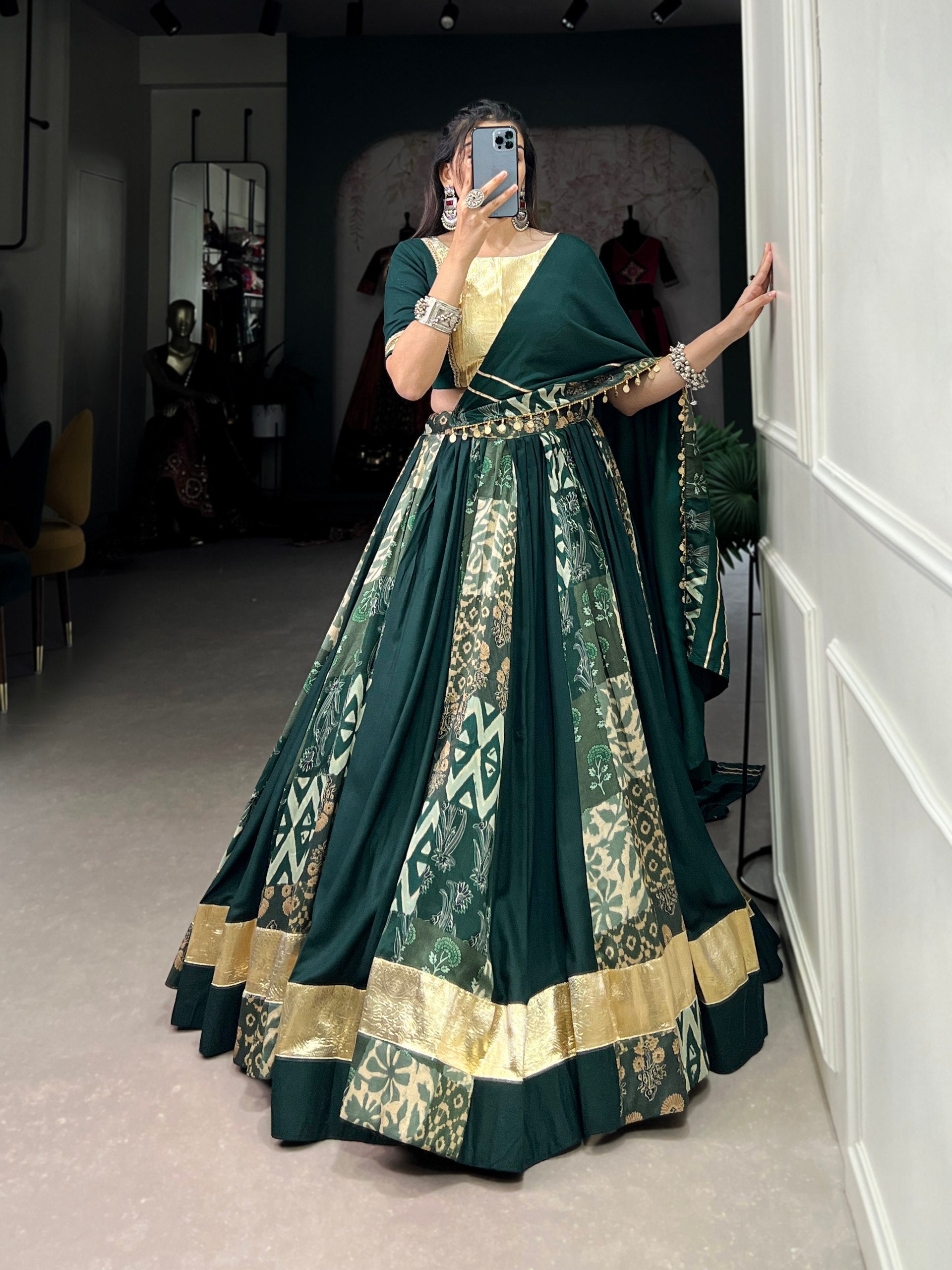 Lorenvalley Rayon and Tussar Silk Green Plain And Printed With Embossed Design Gota Lace Lehenga Choli with Dupatta
