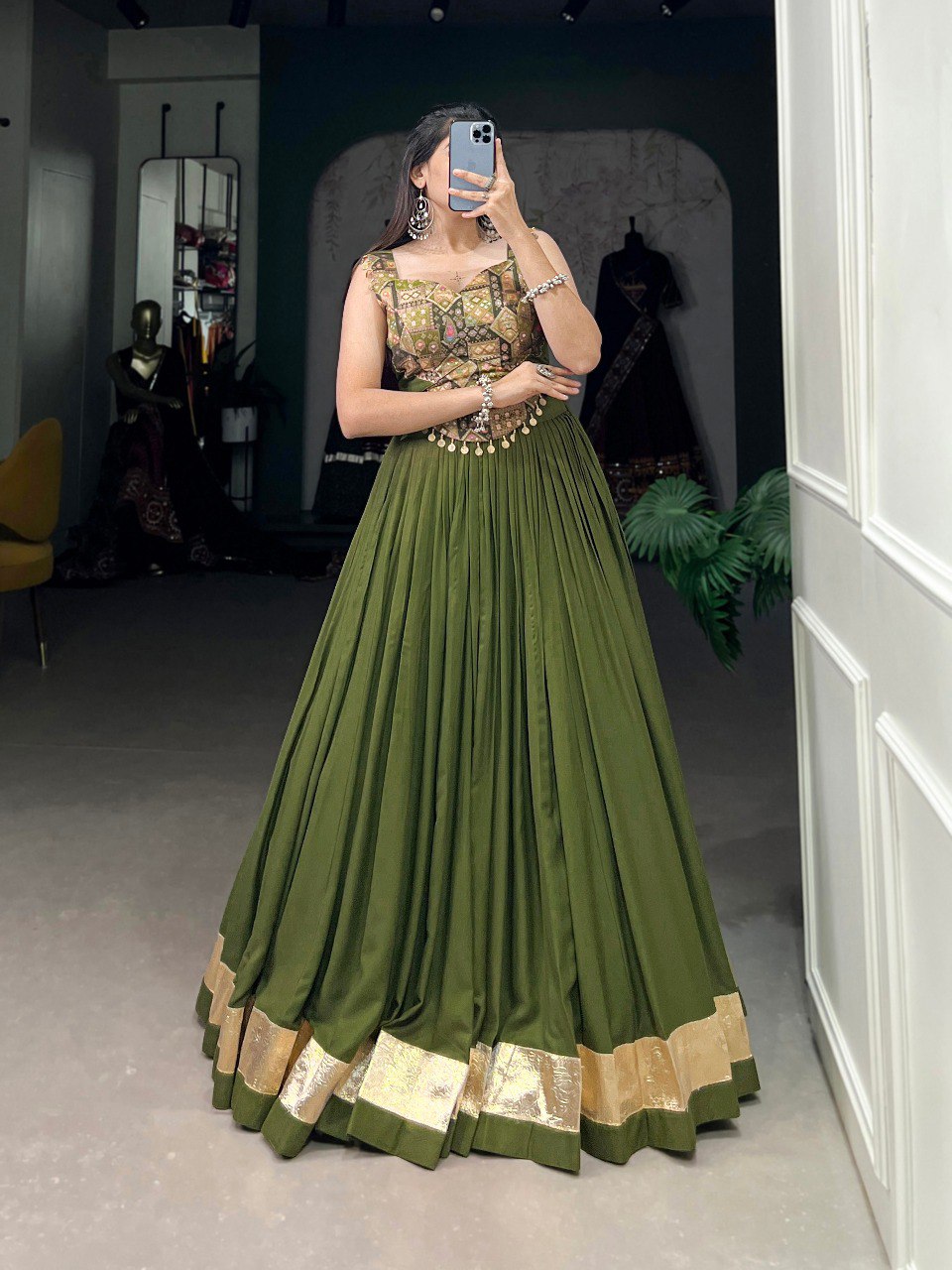 Lorenvalley Pure Rayon Green Plain With Embossed Design Lace Touch Up Lehenga Choli