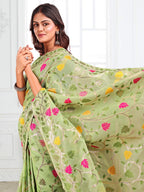 Anaita Green Linen Printed Saree With Blouse - Distacart