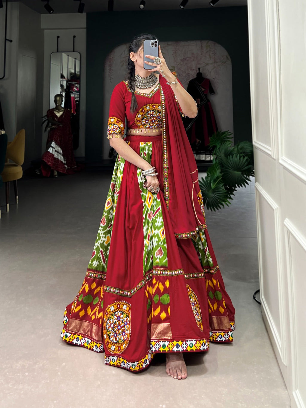 Lorenvalley Green Rayon and Printed Silk with Plain And Printed With Original Mirror Gamthi Work And Gamthi Patch Work Lehenga Choli