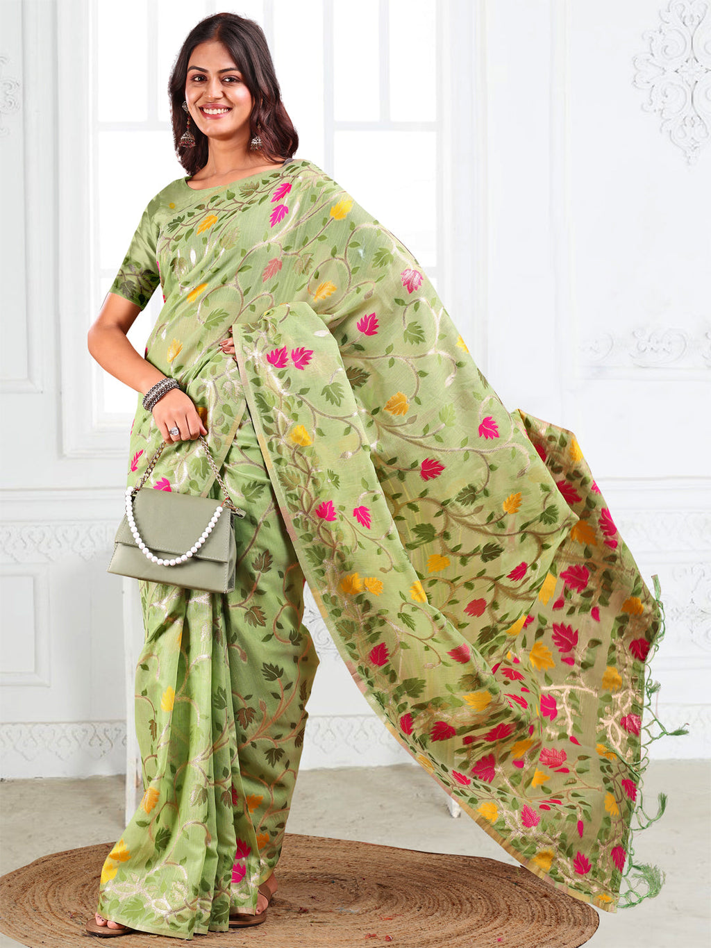 Anaita Green Linen Printed Saree With Blouse - Distacart
