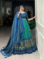 Lorenvalley Green Tussar Silk Bandhej And Ajarakh Print Lehenga Choli with Dupatta