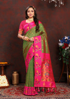 Lorenvalley Fashion Green Soft Paithani Silk Woven Design Rich Zari Meenakari Weaving Saree
