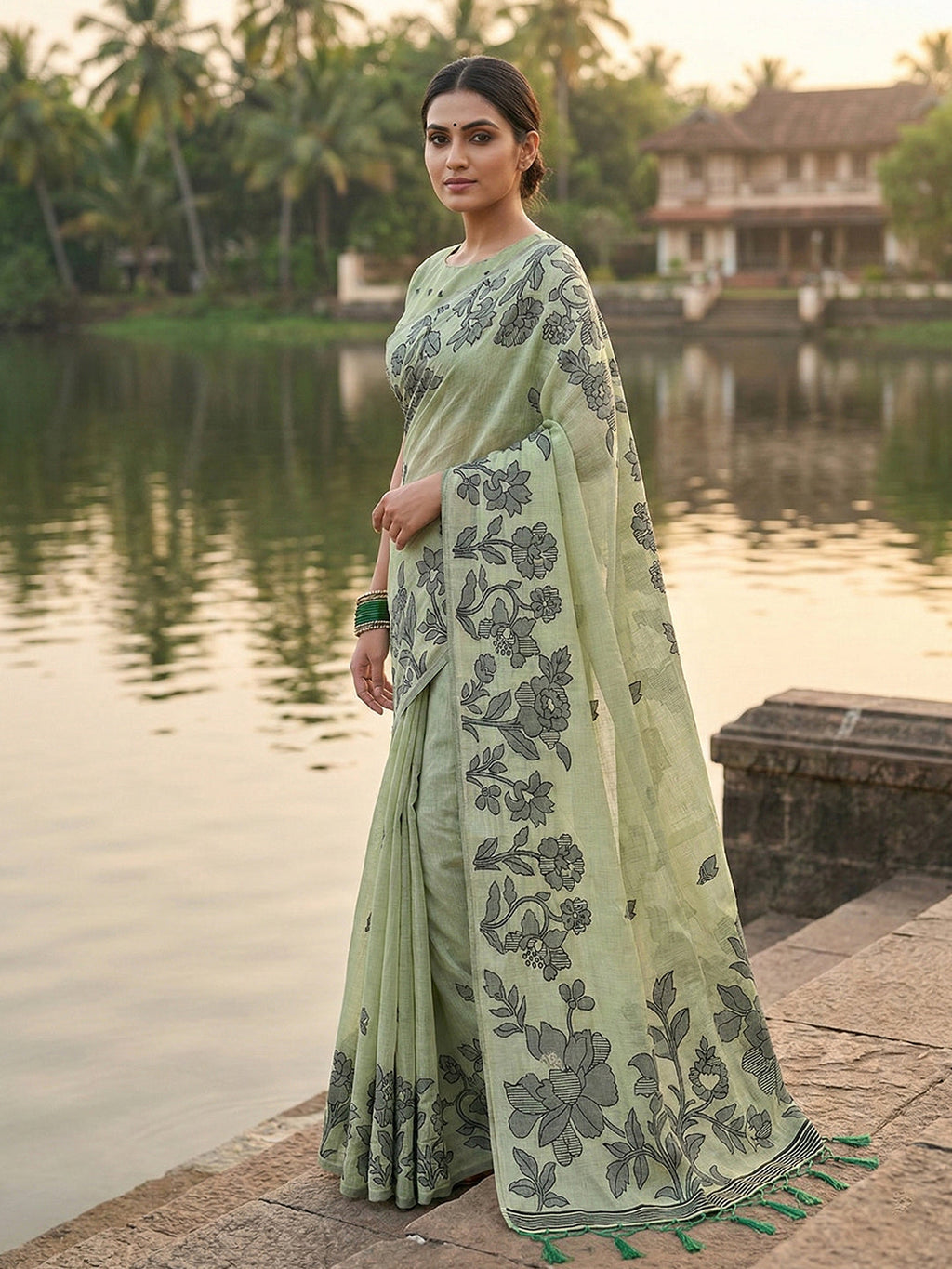 Anaita Green Linen Printed Saree With Blouse - Distacart