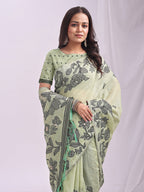 Anaita Green Linen Printed Saree With Blouse - Distacart