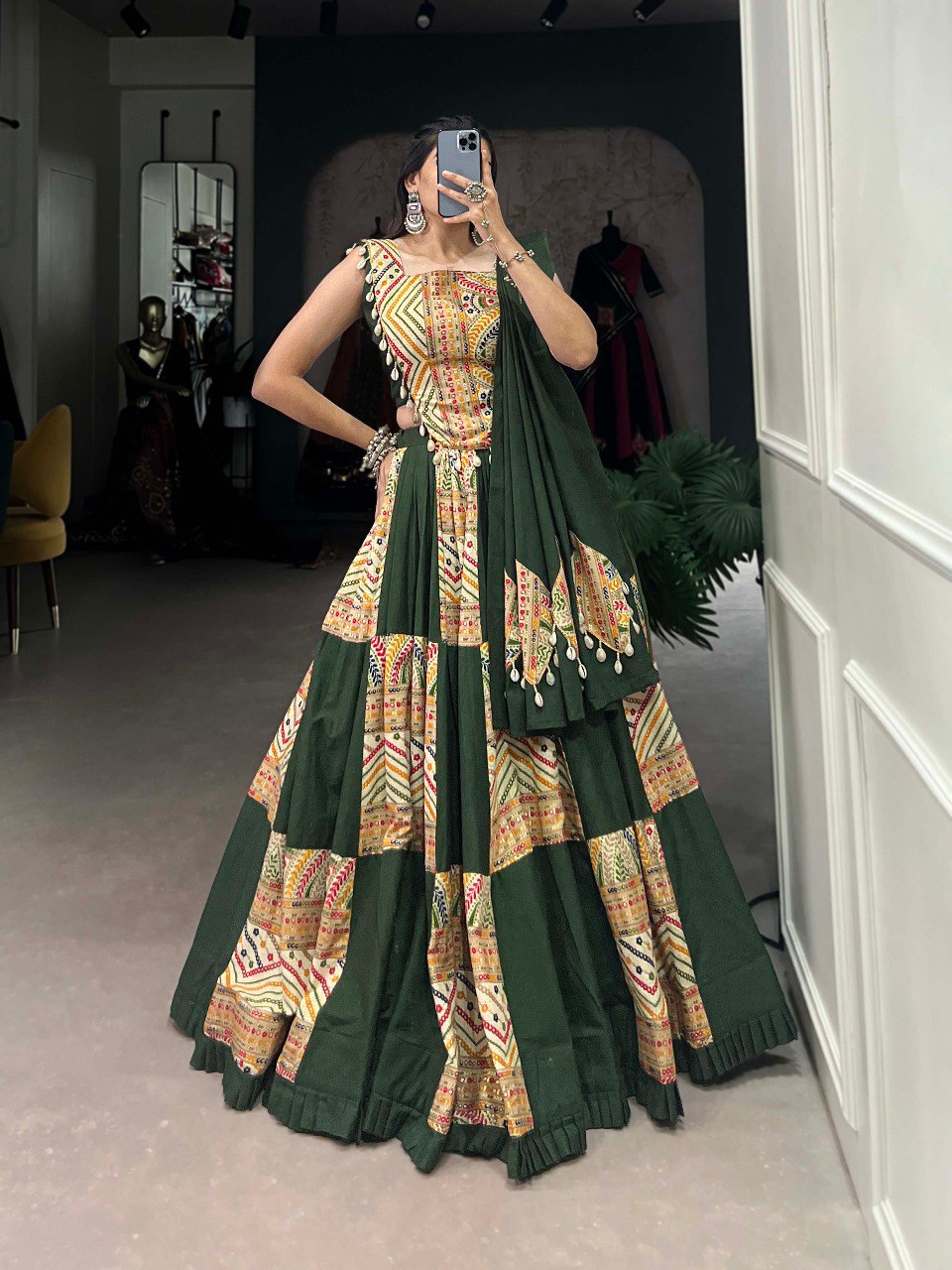 Lorenvalley Green Pure Cotton Plain And Printed With Foil Work Lehenga Choli with Dupatta