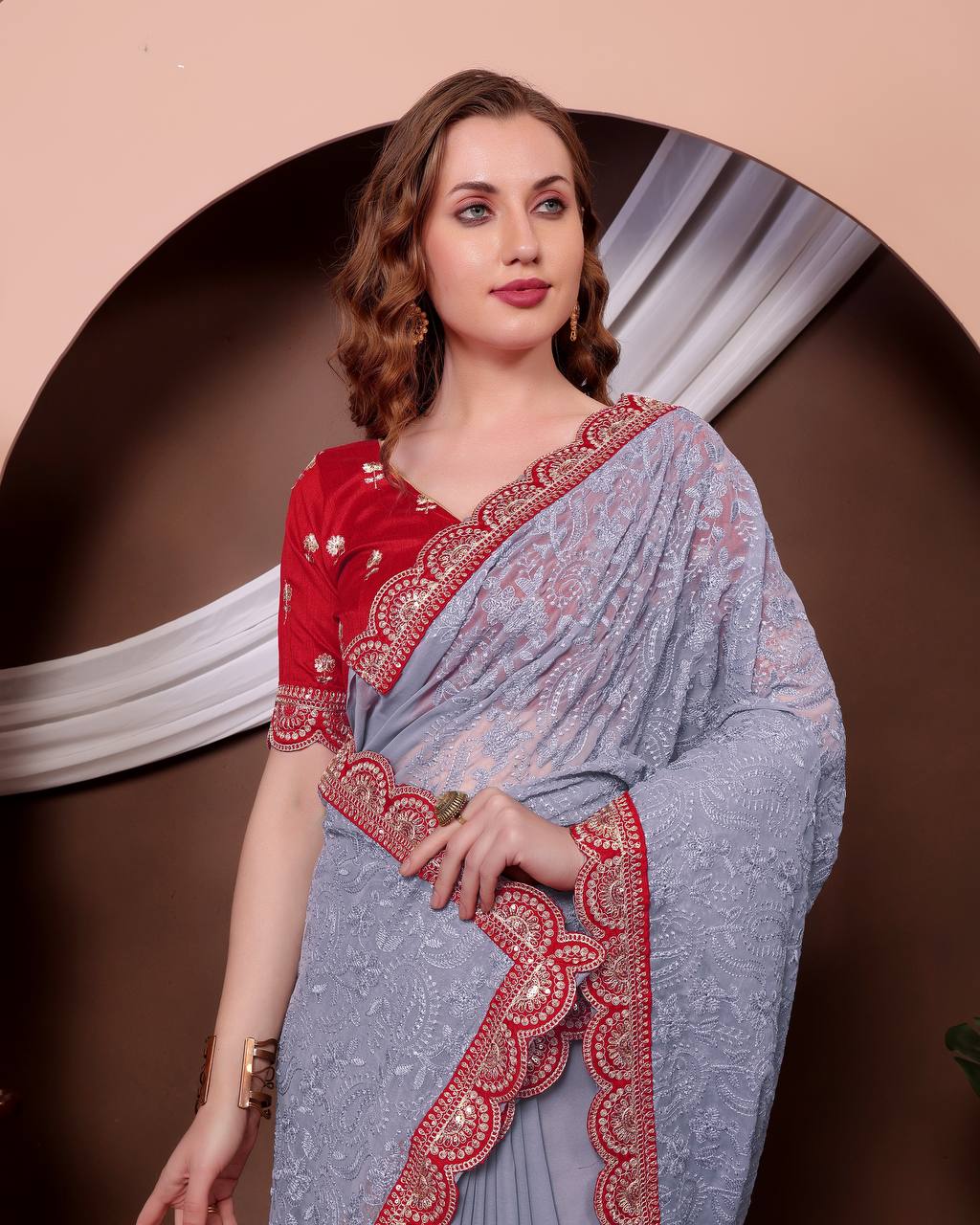 Teeya Creation Grey Color Georgette Fabric Chikankari Work Saree - Distacart
