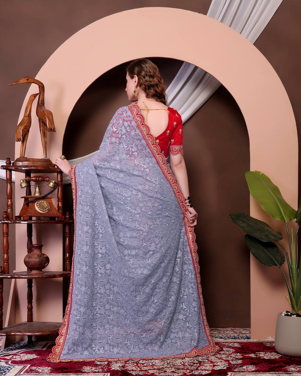 Teeya Creation Grey Color Georgette Fabric Chikankari Work Saree - Distacart