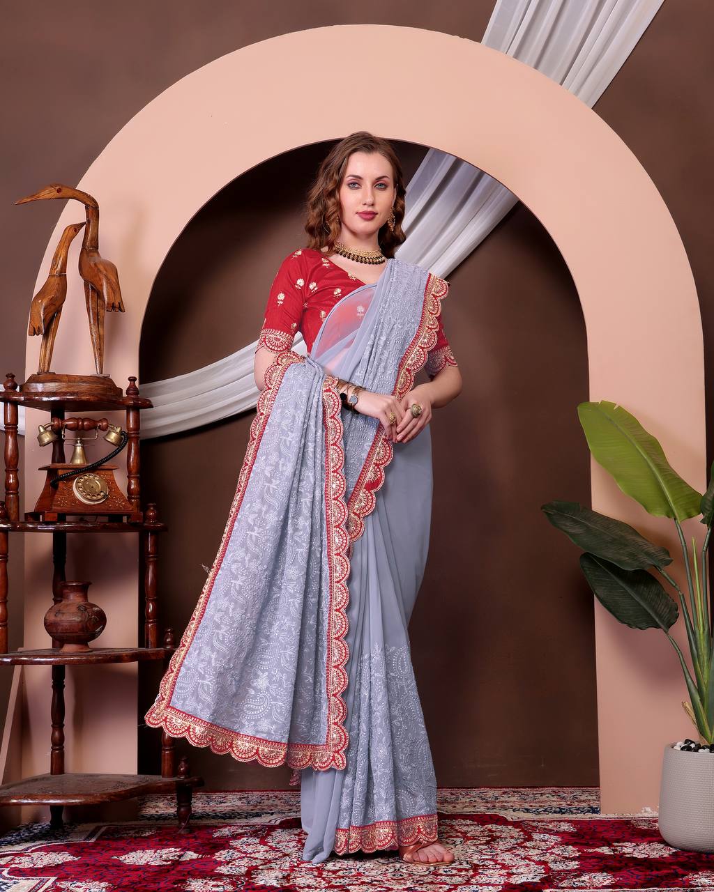 Teeya Creation Grey Color Georgette Fabric Chikankari Work Saree - Distacart