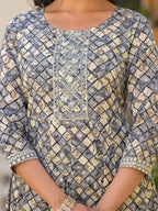 Yufta Grey Checkered Print Anarkali Kurta Trouser With Dupatta Set
