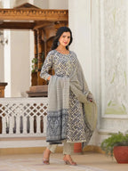 Yufta Grey Checkered Print Anarkali Kurta Trouser With Dupatta Set