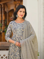 Yufta Grey Checkered Print Anarkali Kurta Trouser With Dupatta Set
