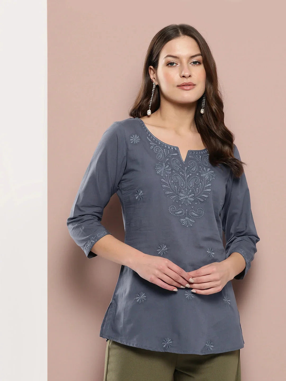 Yufta Grey Floral Chikankari Embroidered Pure Cotton Top