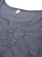 Yufta Grey Floral Chikankari Embroidered Pure Cotton Top