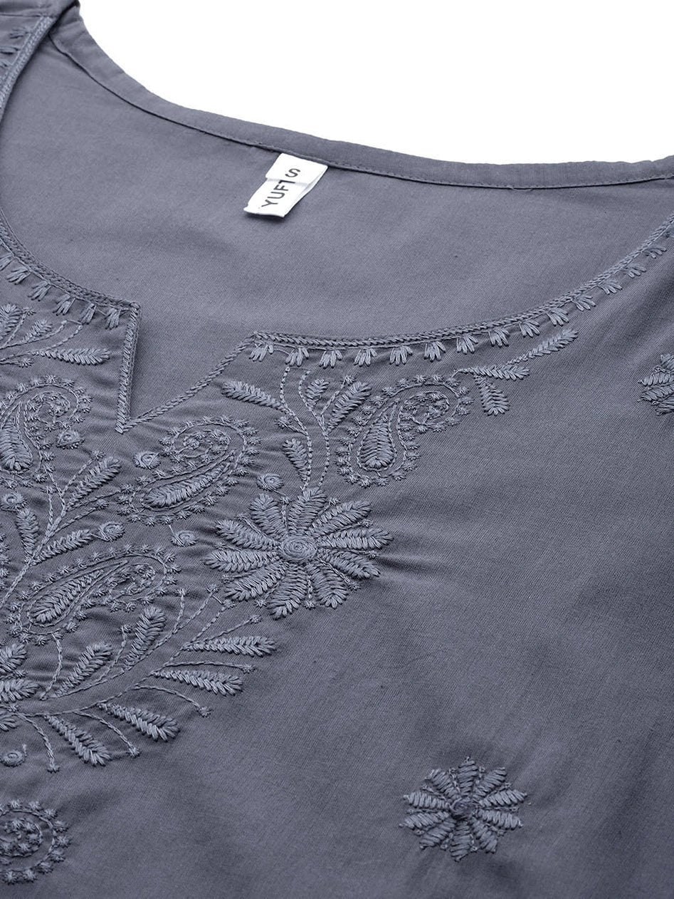 Yufta Grey Floral Chikankari Embroidered Pure Cotton Top
