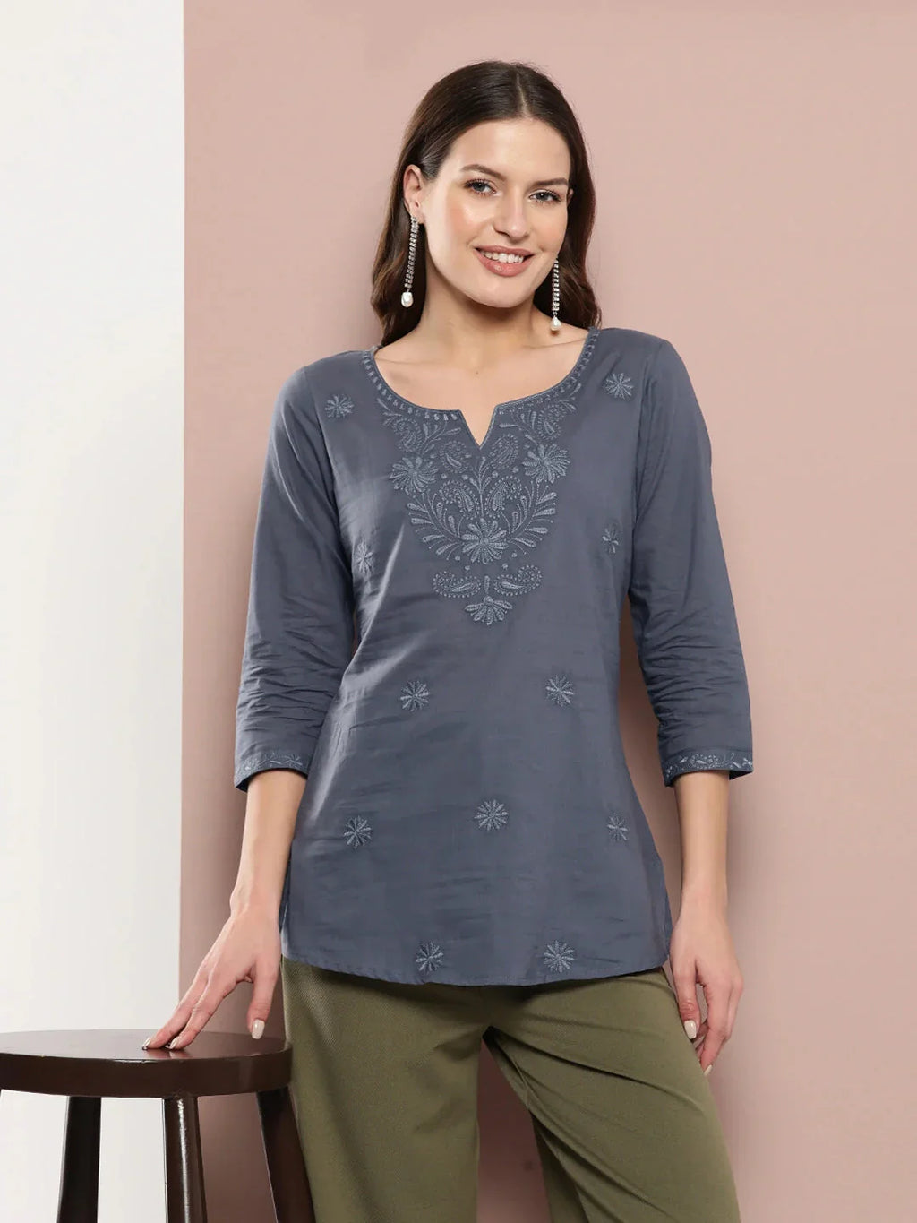 Yufta Grey Floral Chikankari Embroidered Pure Cotton Top