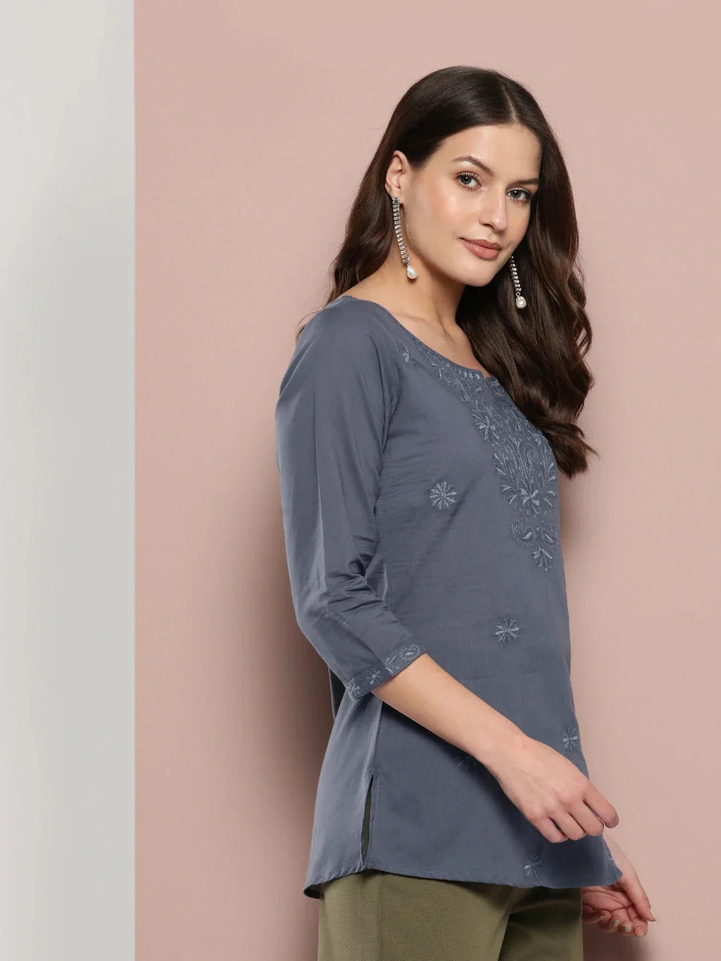 Yufta Grey Floral Chikankari Embroidered Pure Cotton Top