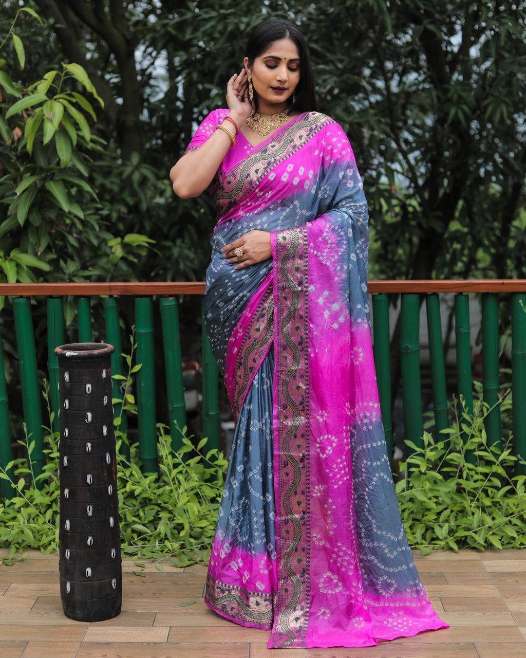 Lorenvalley Premium Pure Bandhej Tapeta Soft light weight silk saree with zari weaving Border - Multicolor