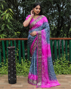 Lorenvalley Premium Pure Bandhej Tapeta Soft light weight silk saree with zari weaving Border - Multicolor